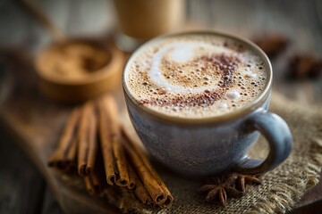 A frothy chai latte sits in a rustic mug beside cinnamon sticks and spices on textured burlap