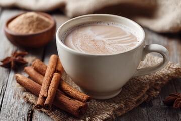 A creamy cup of chai rests on rustic burlap beside several cinnamon sticks and warm spices