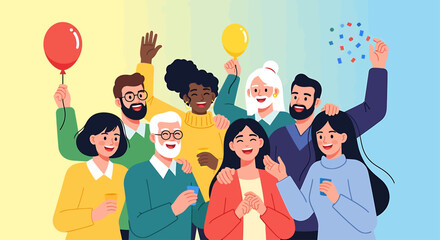 A joyful flat design illustration featuring a diverse group of people from various backgrounds, laughing and celebrating together. 
