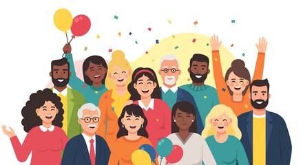 A joyful flat design illustration featuring a diverse group of people from various backgrounds, laughing and celebrating together. 