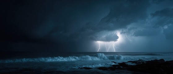 Storm, Lightning and Sea. Dramatic Ocean Thunderstorm: Nature's Raw Power and Intense Energy
