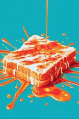 A splash of bright orange syrup pours over stacked toast in a bold pop art style against a vivid turquoise background