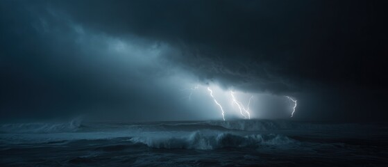 Naklejka premium Storm, Lightning and Sea. Dramatic Ocean Thunderstorm: Nature's Raw Power and Intense Energy