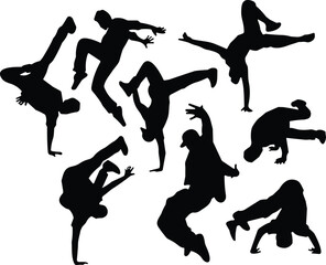 Silhouette breakdancers performing energetic hip-hop moves, dynamic street dance poses, urban choreography illustration for creativity, motion design, fitness, culture projects