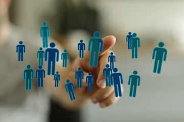 Abstract concept of online connection, social media, and digital networking visualized with hand interacting wi