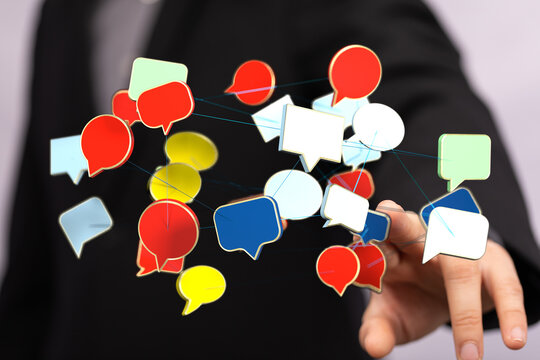 Abstract image of a person connected to multiple speech bubbles, representing online communication, social medi