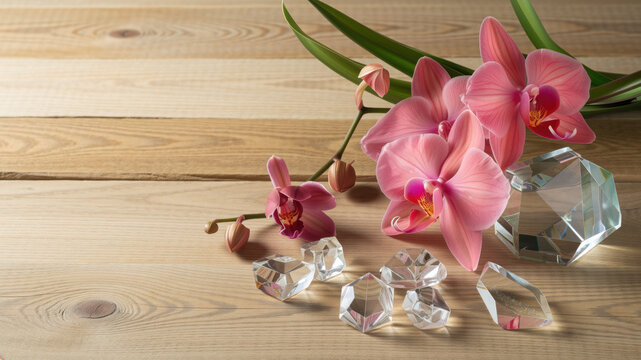 Pink orchid flowers and crystal gems on wood