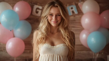 Happy woman celebrating gender reveal party with balloons