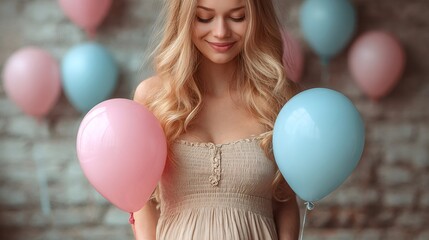 Pregnant woman holding pink and blue balloons for gender reveal