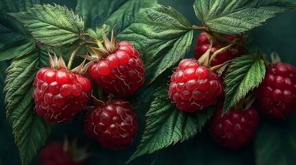 Ripe red raspberries hanging from green plant