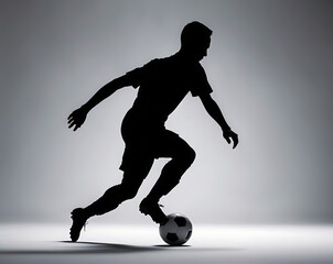 Silhouette of a soccer player dribbling the ball in a studio