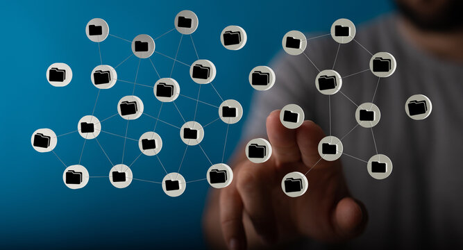 Abstract conceptual image depicting hand interacting with connected digital folders and data cloud, networking