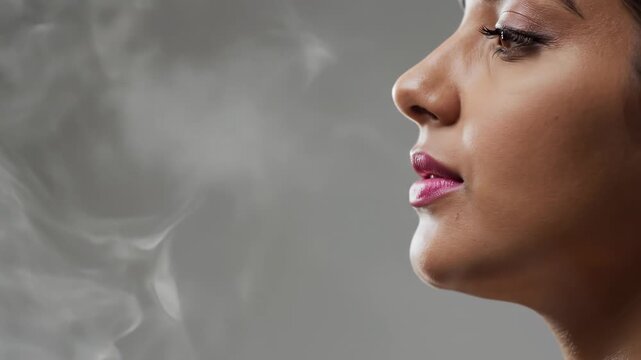 Profile view of a young woman with pink lipstick blowing out a thick cloud of smoke or vapor against a neutral gray background, representing a modern lifestyle choice and potential habit