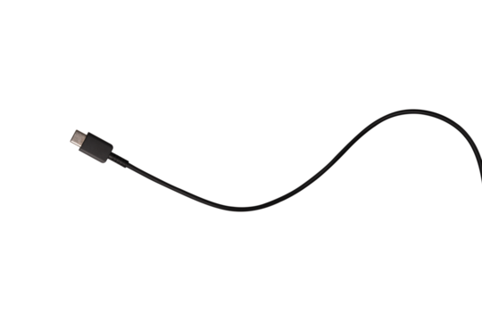 USB Type-C cable isolated on a transparent PNG. Ideal for concepts related to business technology, data transfer, connectivity and fast charging for modern devices.