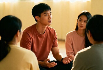 Young Asian man sharing his problems in a support group. People listening during a group therapy session for mental health and wellness