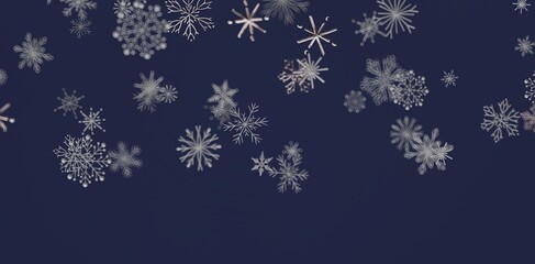 Abstract winter scene of snowflakes gracefully falling against a deep blue backdrop, perfect for seasonal designs. Captures