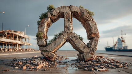 Peace symbol growing from rubble representing hope