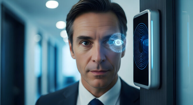 Serious businessman using futuristic eye scanner for access control in modern office