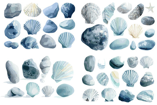Blue watercolor beach bundle of seashells and pebbles scallop, conch, spiral shells, stones, and a starfish, isolated on white. Perfect for nautical patterns, crafts, cards, and branding.
