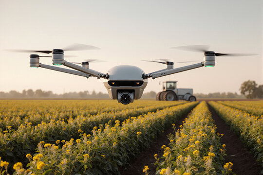 A sophisticated agricultural drone monitors blooming yellow crops in a field with a large tractor operating in the distance under a pale sky.