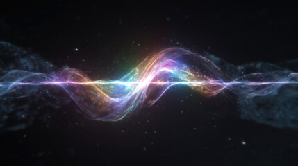 A dynamic, colorful 3D visualization of a sinuous light wave or frequency oscillation in dark space. Symbolizes energy, sound, science, data, spectrum, and digital communication on a dark background.
