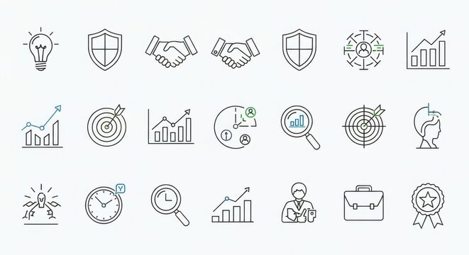 Collection of business and financial icons representing strategies and growth development