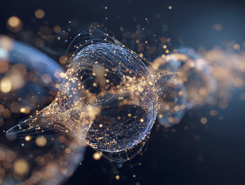 High-tech 3D image of interconnected data spheres made of glowing particles and lines. Represents global networking, quantum technology, telecommunications, business intelligence, and digital security - Powered by Adobe