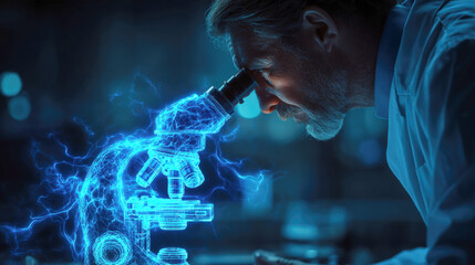 Male Scientist Examining Samples Under a Microscope with an Intense, Focused Expression, Enhanced by Vivid Blue Digital Overlay and Lightning Effect to Symbolize Cutting-Edge Scientific Innovation.
