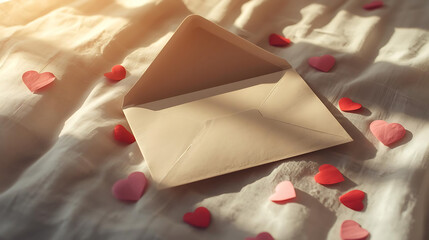 Open envelope surrounded by heart confetti on textured fabric