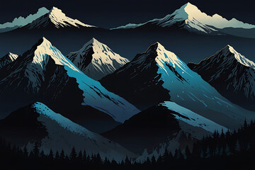 Alpine winter landscape panorama with high snow-capped mountain peaks, cold blue sky, and clouds