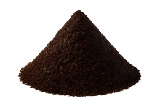 Ground coffee powder forming a conical pile, ideal for brewing, cooking, or cosmetic ingredient concepts on transparent background