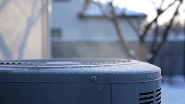 Outdoor HVAC unit covered in frost with steam rising on a cold winter day