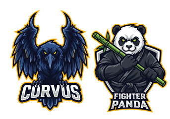 Gaming logos featuring raven and panda characters - Gaming logo - Gaming Mascot - esport mascot vector illustration