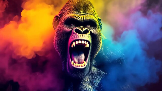 Angry gorilla roaring in neon lights  