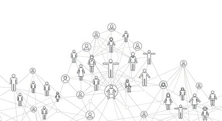 Human connection network concept with stick figures, global communication and social relationships