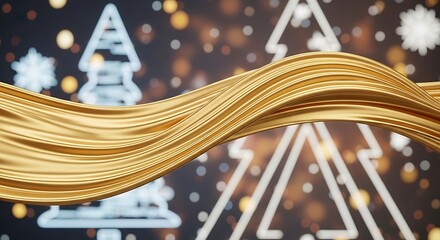 Golden ribbon swirl over blurred christmas trees and bokeh lights