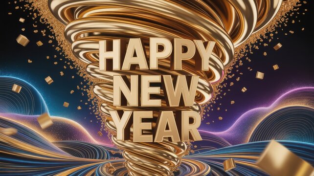 Happy new year golden text with festive abstract vortex celebration