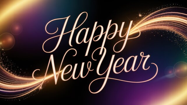 Happy new year" greeting card design with golden light trails.
