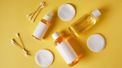 Skincare products flatlay on yellow background with cotton pads and swabs
