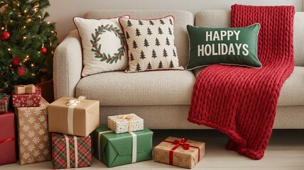 Cozy christmas home decor ideas with tree presents pillows and red knit blanket