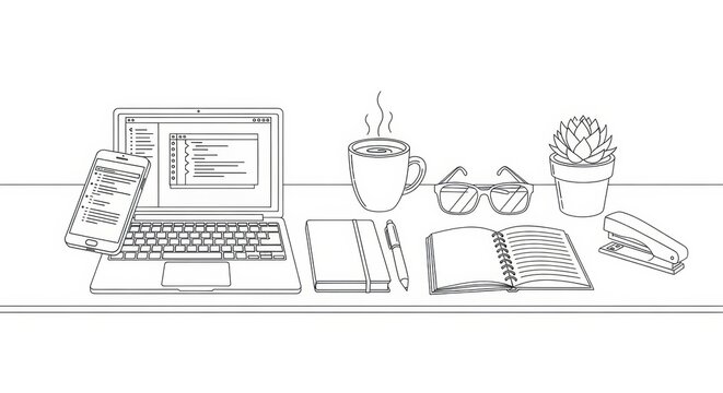 Minimalist line art showcasing modern workspace essentials for efficient workflow