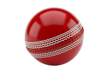 Polished red cricket ball with prominent white stitching detail. isolated on transparent background