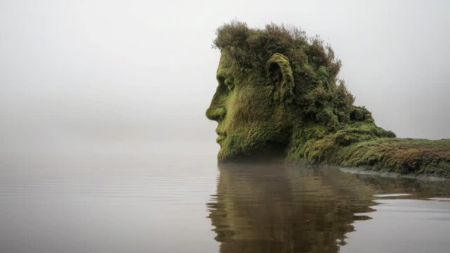 Moss covered rock shaped like human face  
