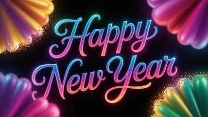 Happy new year neon glowing vibrant script text celebration banner