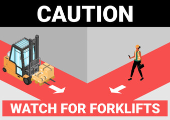 Caution. Watch for forklifts. Blind spot hazard. Isometric illustration with a forklift and a worker just before a possible accident. 
