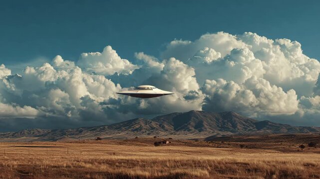 Ultra HD A classic flying saucer hovers above a golden field, with dramatic clouds and distant mountains creating a sense of awe and mystery, reminiscent of vintage science fiction