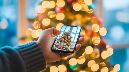 Close up of a person holding a smartphone displaying a festive decorated christmas tree with bokeh lights in the background