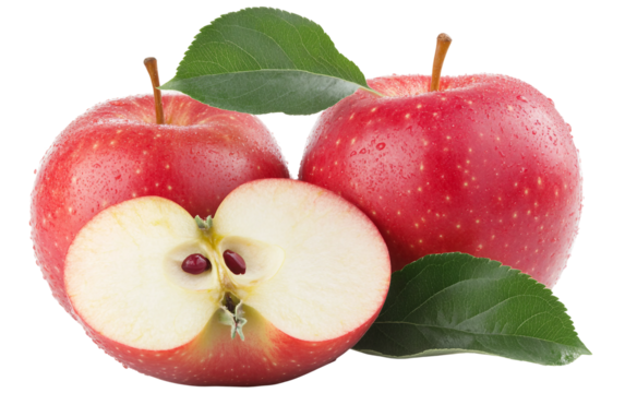 Juicy red apple with a small bite missing and green leaf highlighting realistic texture and vibrant color isolated on transparent background PNG