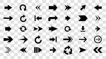 Collection of black arrow icons and symbols on a transparent background direction navigation