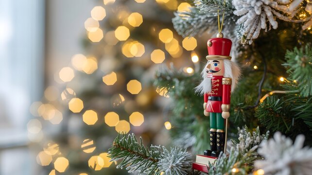 Festive nutcracker ornament hanging on a decorated christmas tree with twinkling lights